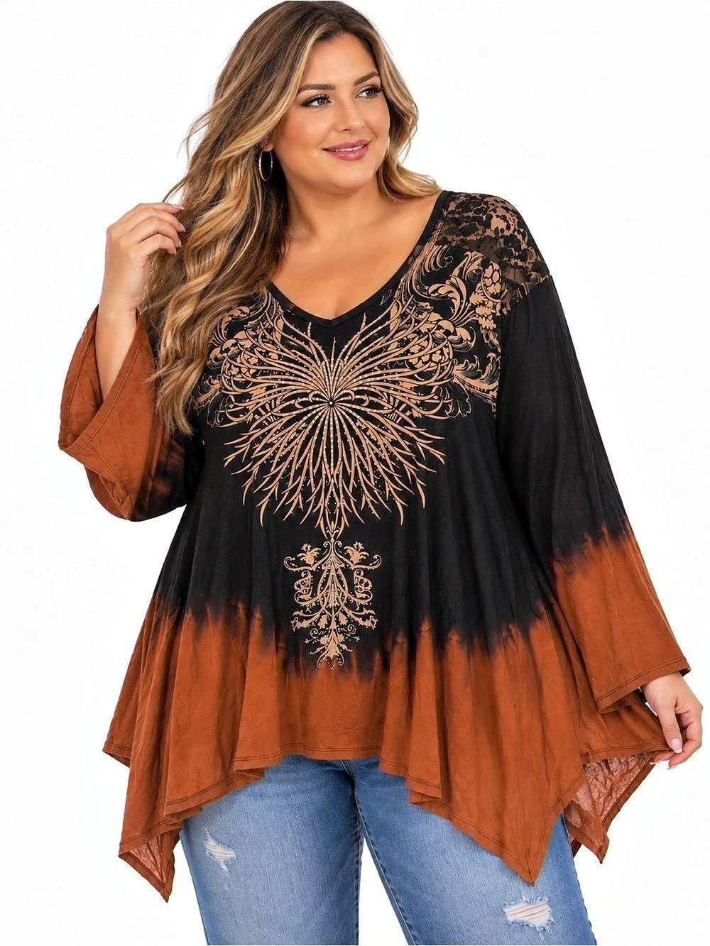 Floral Lace Tunic Black & Brown Size 3XL